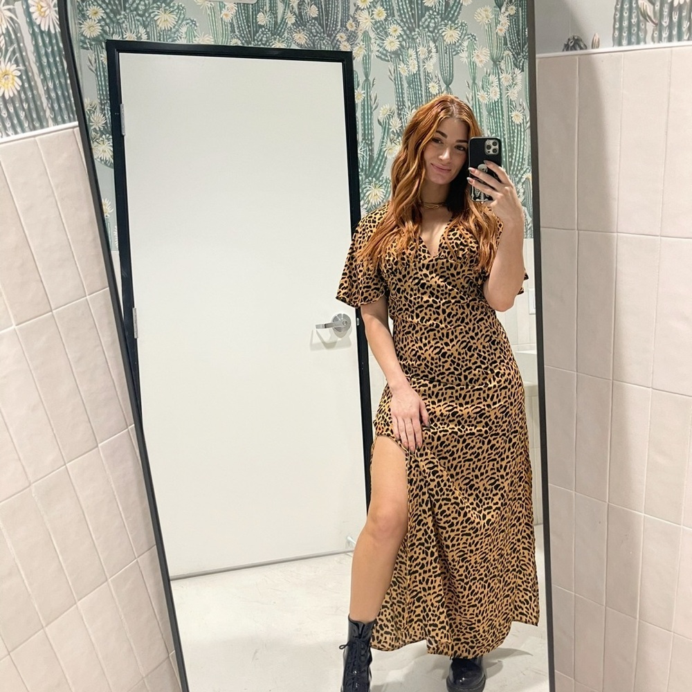 Nasty Gal Tan Flutter Sleeve V-Neck Maxi Dress